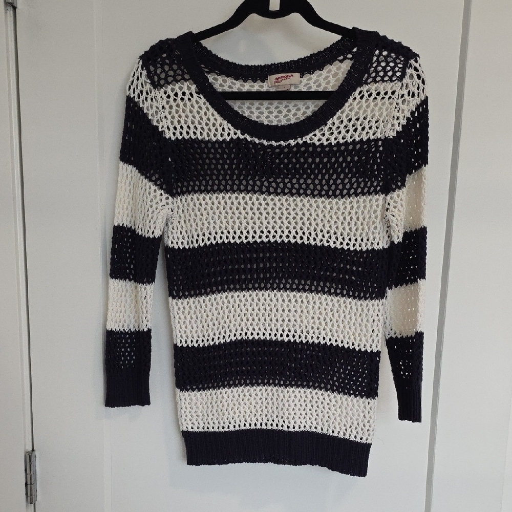 Arizona Jean Company Black and White Striped Open-Knit Scoop Neck Sweater